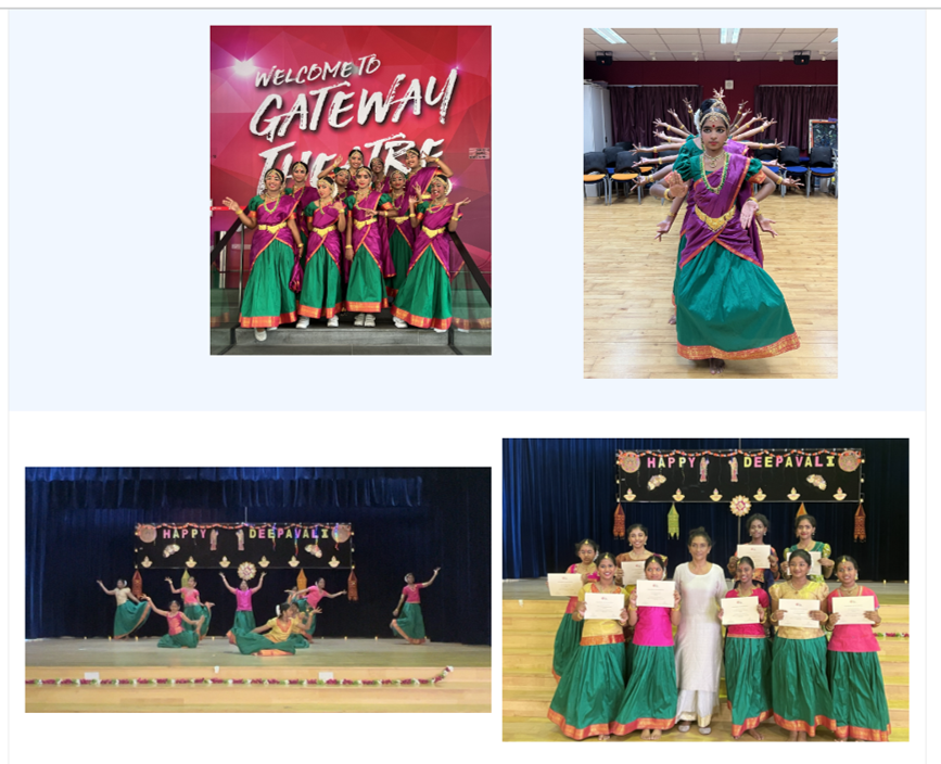 Four photos show Indian classical dancers in green and purple costumes performing and posing at Deepavali events.