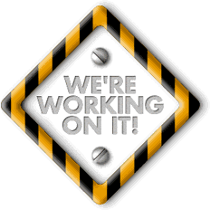 Diamond-shaped construction sign with yellow and black stripes and bold text reading WE'RE WORKING ON IT!