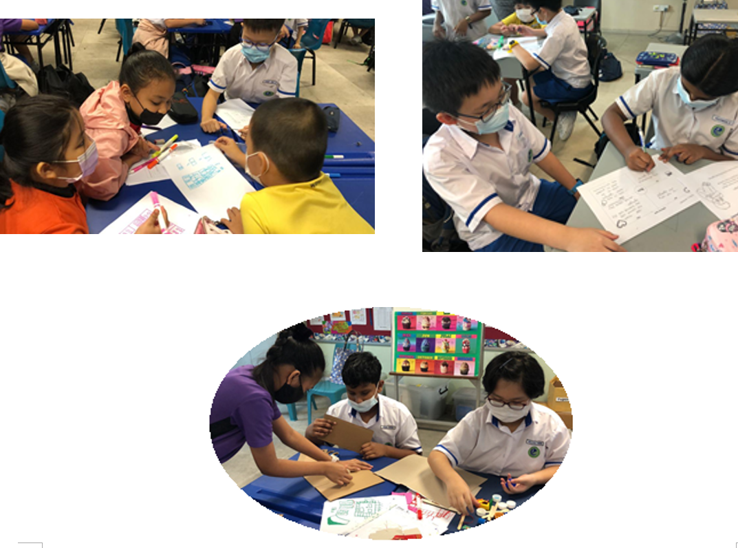 Three groups of masked school children collaborate on worksheets and cardboard craft projects at classroom tables.