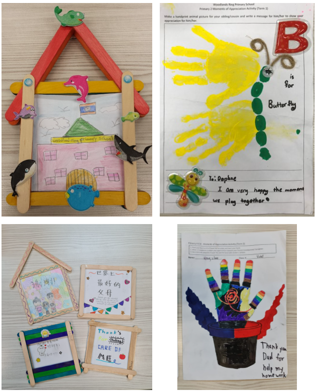 Four children's craft projects including popsicle stick frames, handprint butterfly art, and colorful handprint with thank-you notes.