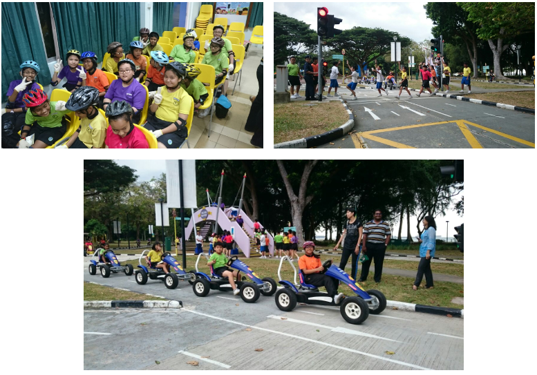 Children wearing helmets sit indoors, cross a road at a traffic light, and ride pedal go-karts outdoors.