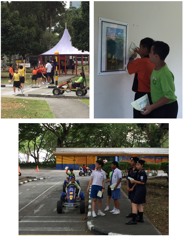 Three scenes of students at an outdoor road safety park with pedal go-karts, reading a notice board, and standing on a path.