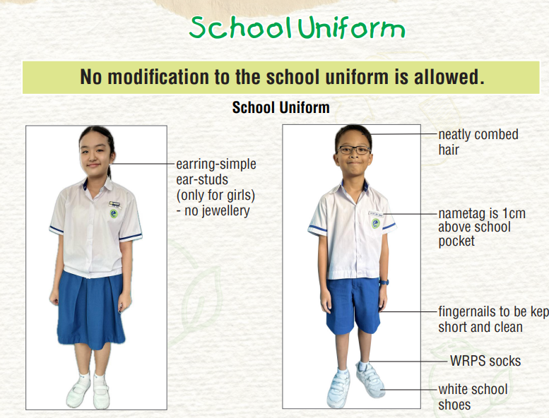 School uniform guide showing a girl in white shirt and blue skirt, and a boy in white shirt and blue shorts, with labeled dress code rules.