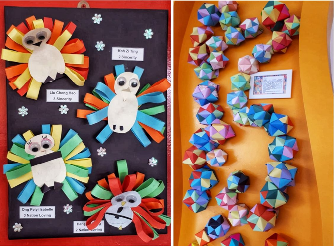 Peacocks and 3D origami, proudly displayed at the school porch
