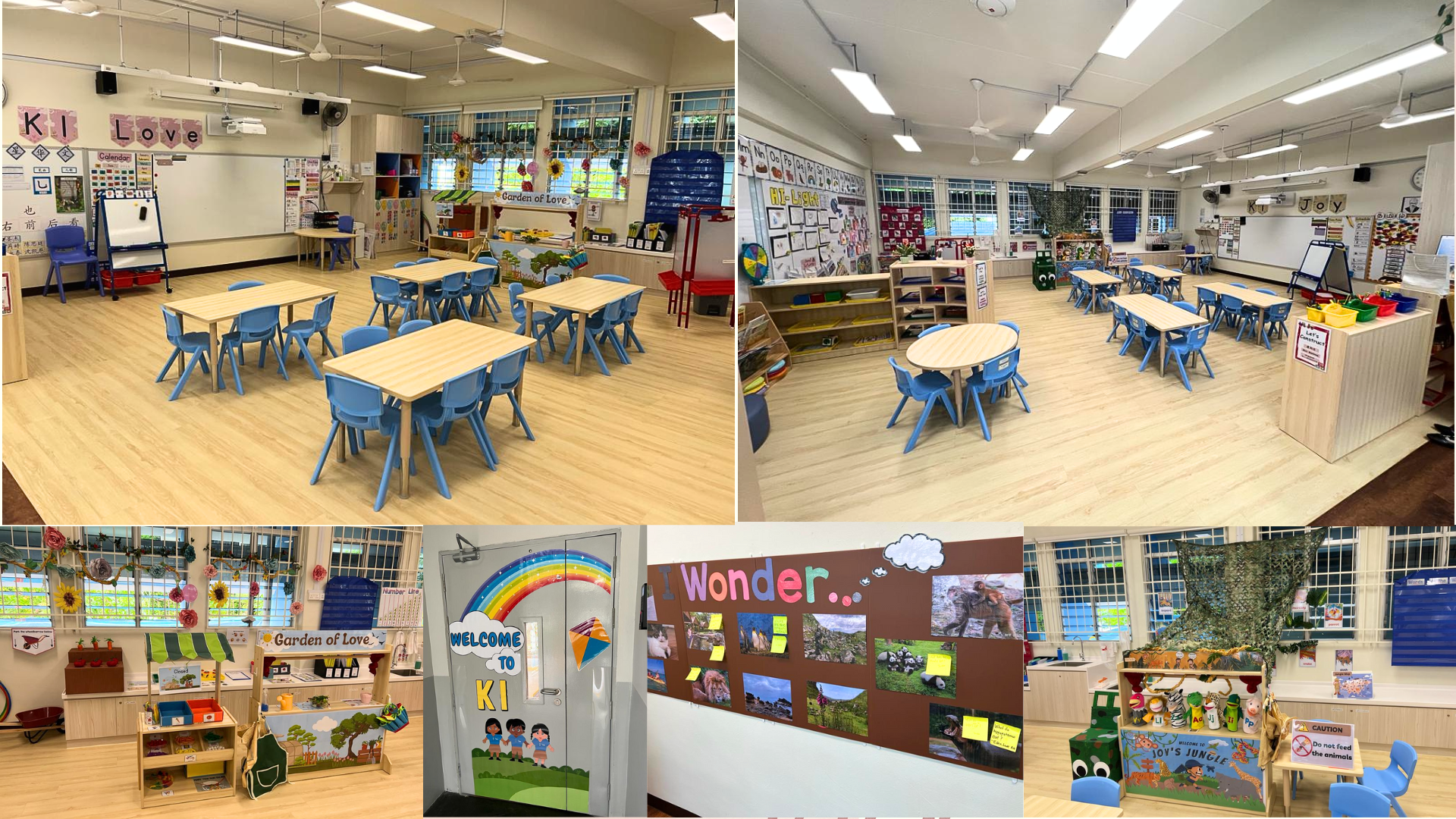 Four views of colorful kindergarten classrooms with blue chairs, wooden tables, and decorated walls and bulletin boards.