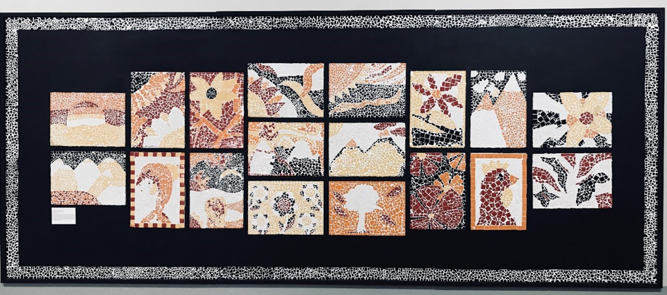 Combined mosaic art pieces along staircases