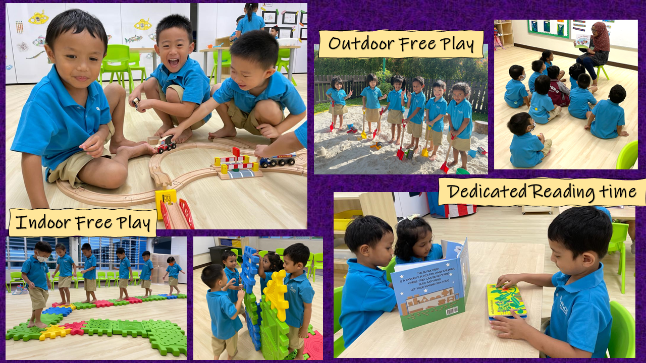 Children at indoor play, sand play, storytime and reading activities