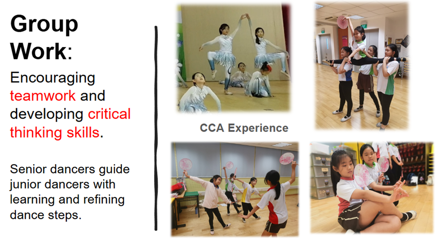 Collage of Chinese Dance CCA students participating in group activities. The images show senior dancers mentoring junior dancers and students working together to practice dance routines, demonstrating teamwork and collaboration.