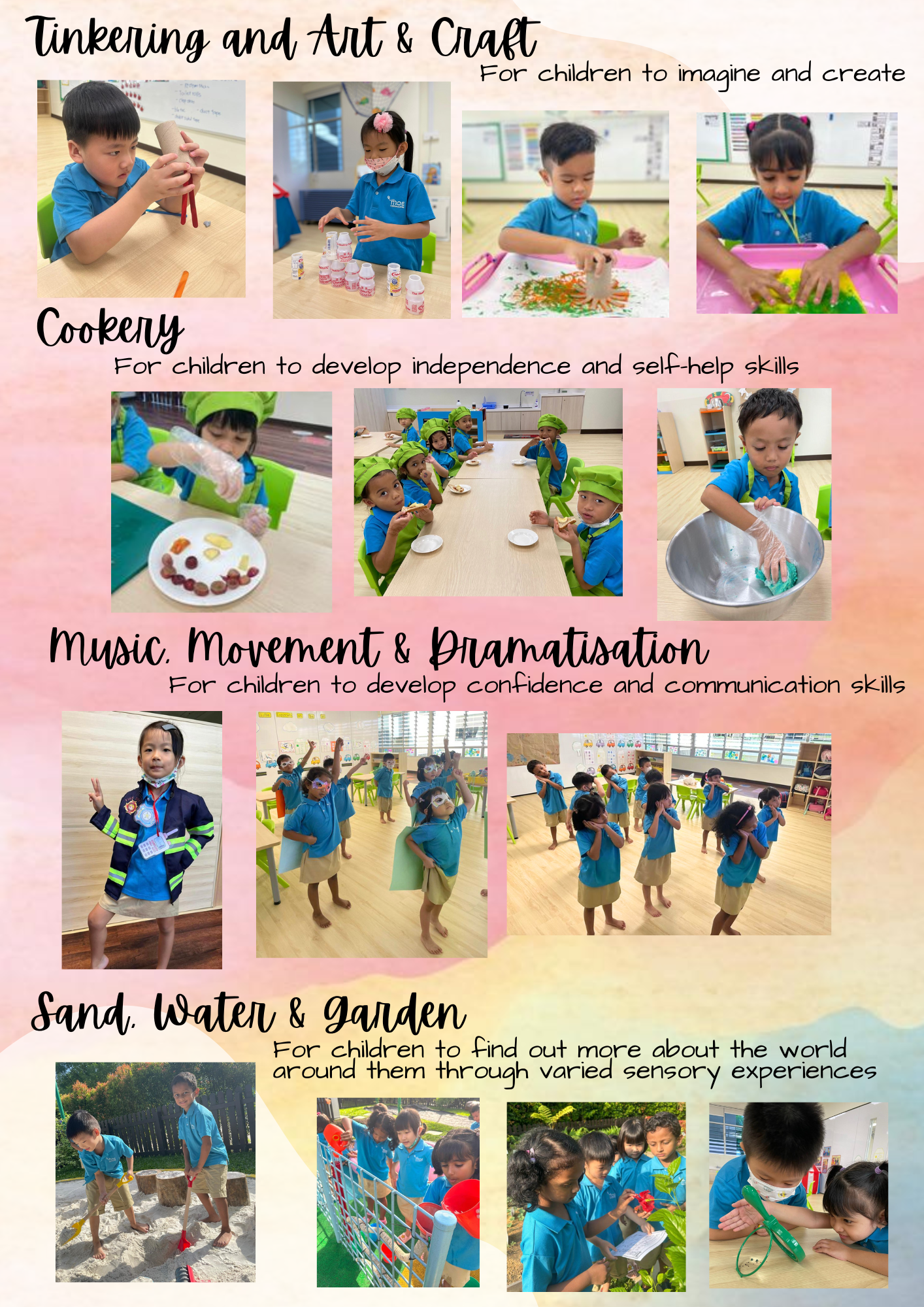 Children doing art, cooking, music, movement and sensory play