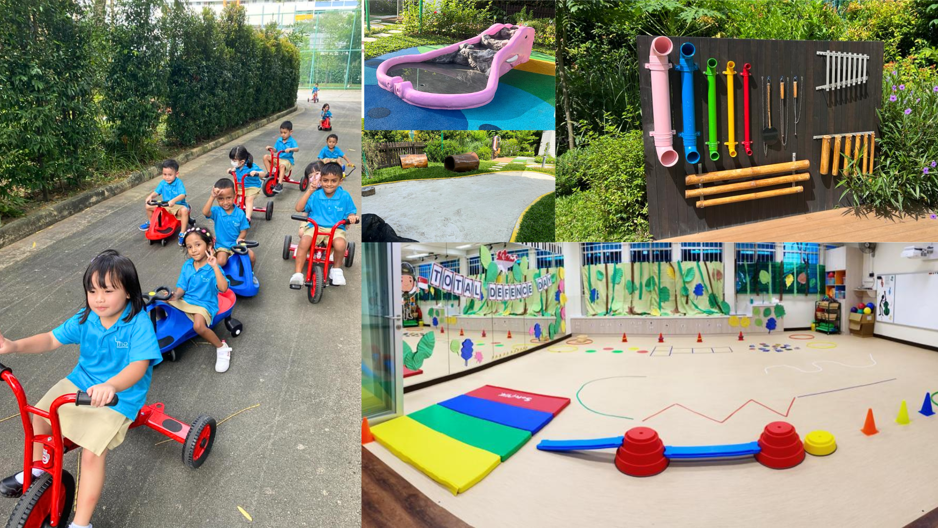 Collage of children on tricycles, outdoor play equipment, colorful pipes on a board, and a decorated indoor gym.