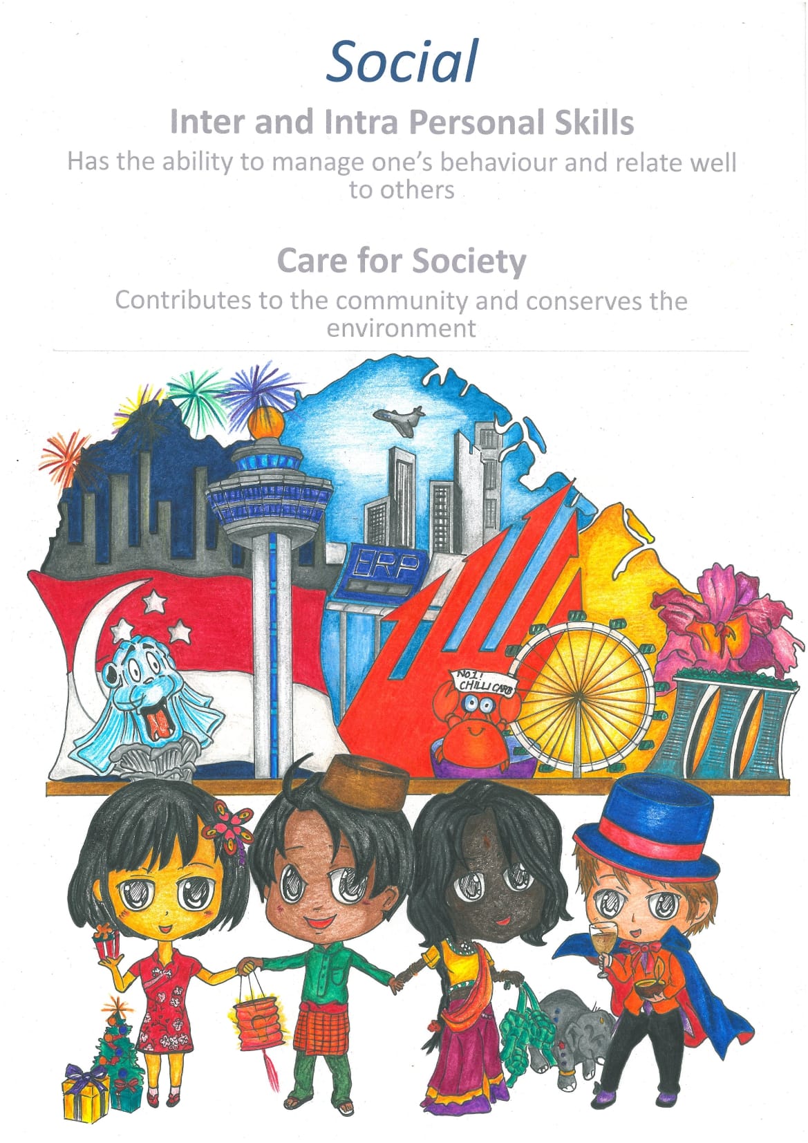 Colorful poster titled Social with cartoon children in cultural outfits and Singapore landmarks like the Flyer and Merlion.