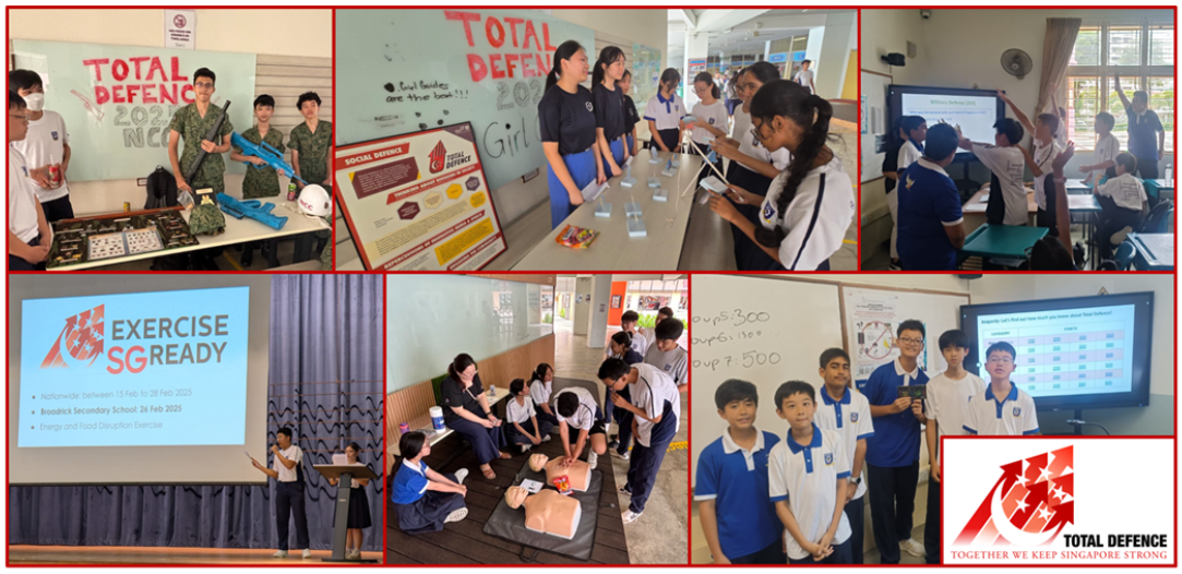 Students participate in Total Defence activities including CPR training, presentations, and Exercise SG Ready drills at a Singapore school.