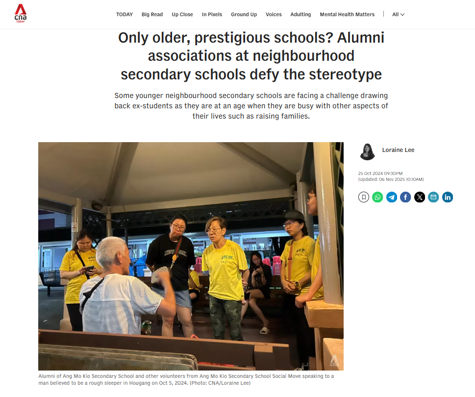 CNA article showing volunteers in yellow shirts speaking with a seated man at an outdoor location in Singapore.