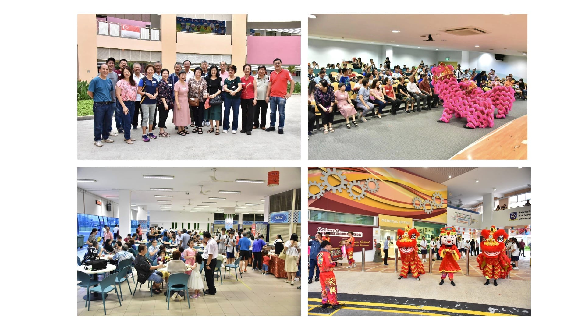 Four scenes from a school event showing a group photo, a pink lion dance, a crowded canteen, and red lion dancers.