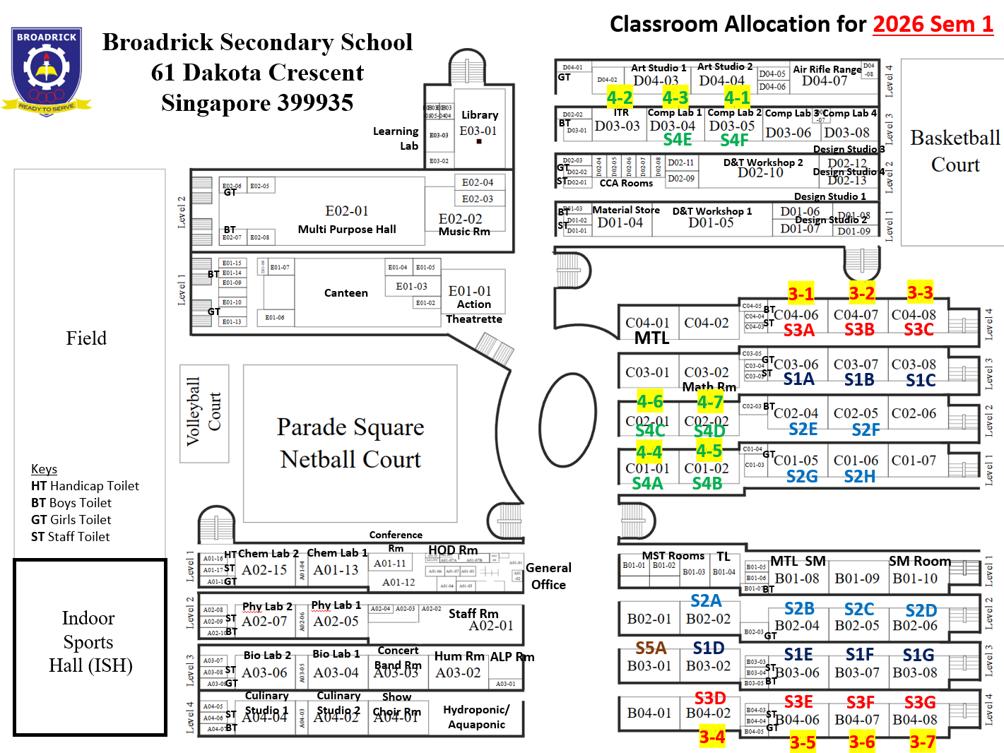 Floor plan showing classroom allocation for Broadrick Secondary School, Singapore, for 2026 Semester 1.