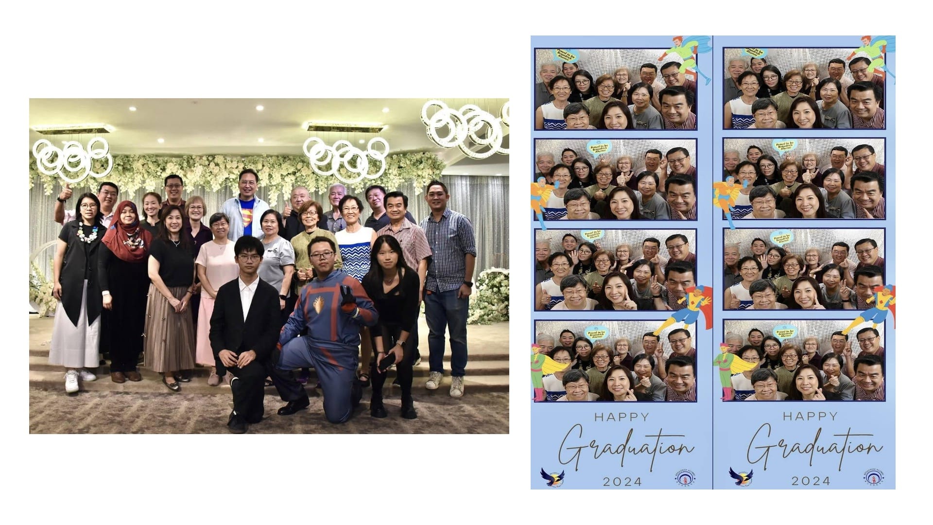 A large group poses at an event, beside photo booth strips labeled Happy Graduation 2024 showing smaller group selfies.