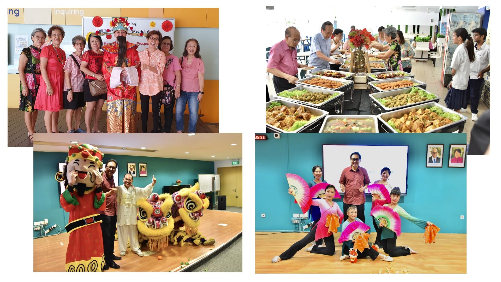 Four scenes from a Chinese New Year celebration: group photos, a buffet spread, lion dance, and fan dancers posing.