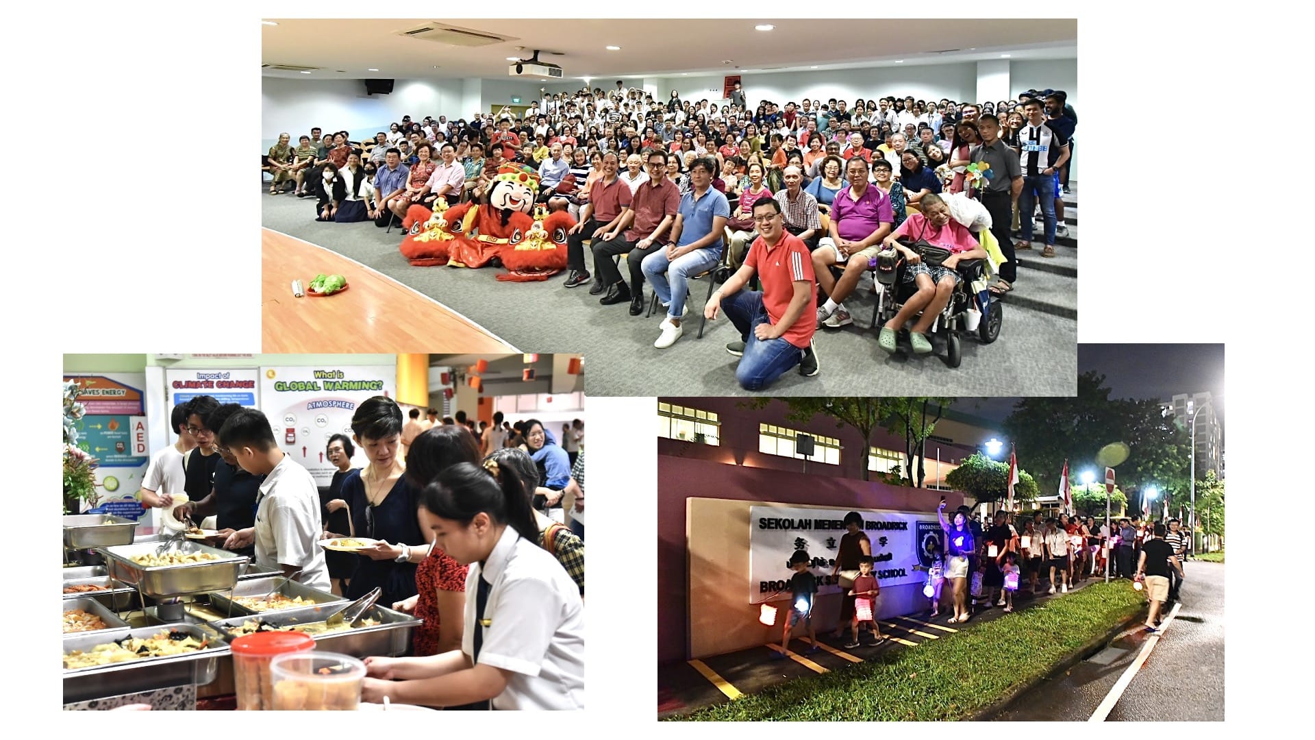 Three scenes: a large group photo indoors, people serving food at a buffet, and a nighttime walk near Broadrick Secondary School.