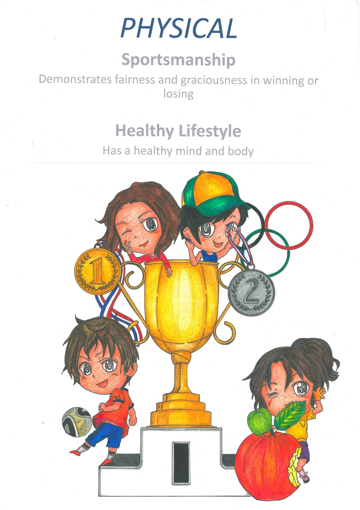 Cartoon kids with a gold trophy, medals, Olympic rings, a soccer ball, and fruit under "Physical Sportsmanship" text.