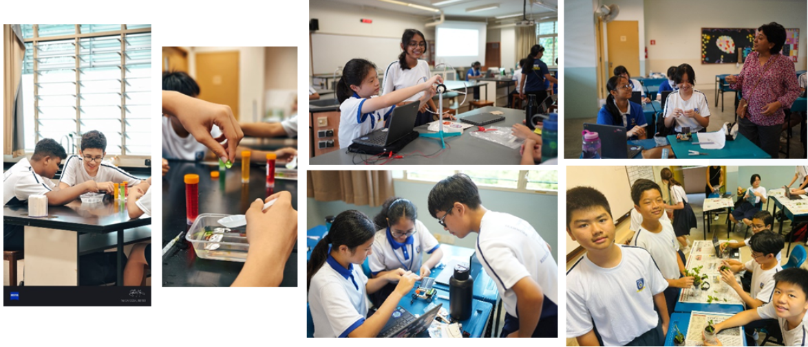 Collage of school students in uniforms doing hands-on science activities in classrooms with a teacher nearby.