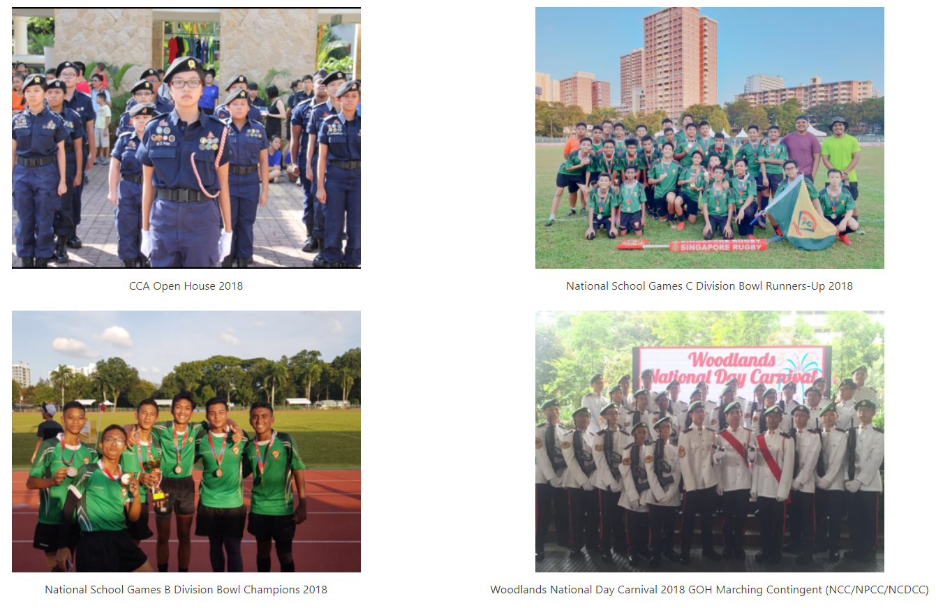 Four school event photos: cadets in uniform, rugby team posing, sports champions with trophy, and marching contingent at Woodlands National Day Carnival.