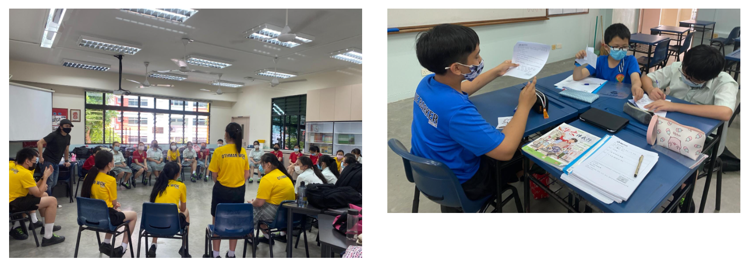 Students wearing masks sit in a circle in a classroom on the left, while three masked students review papers at desks on the right.