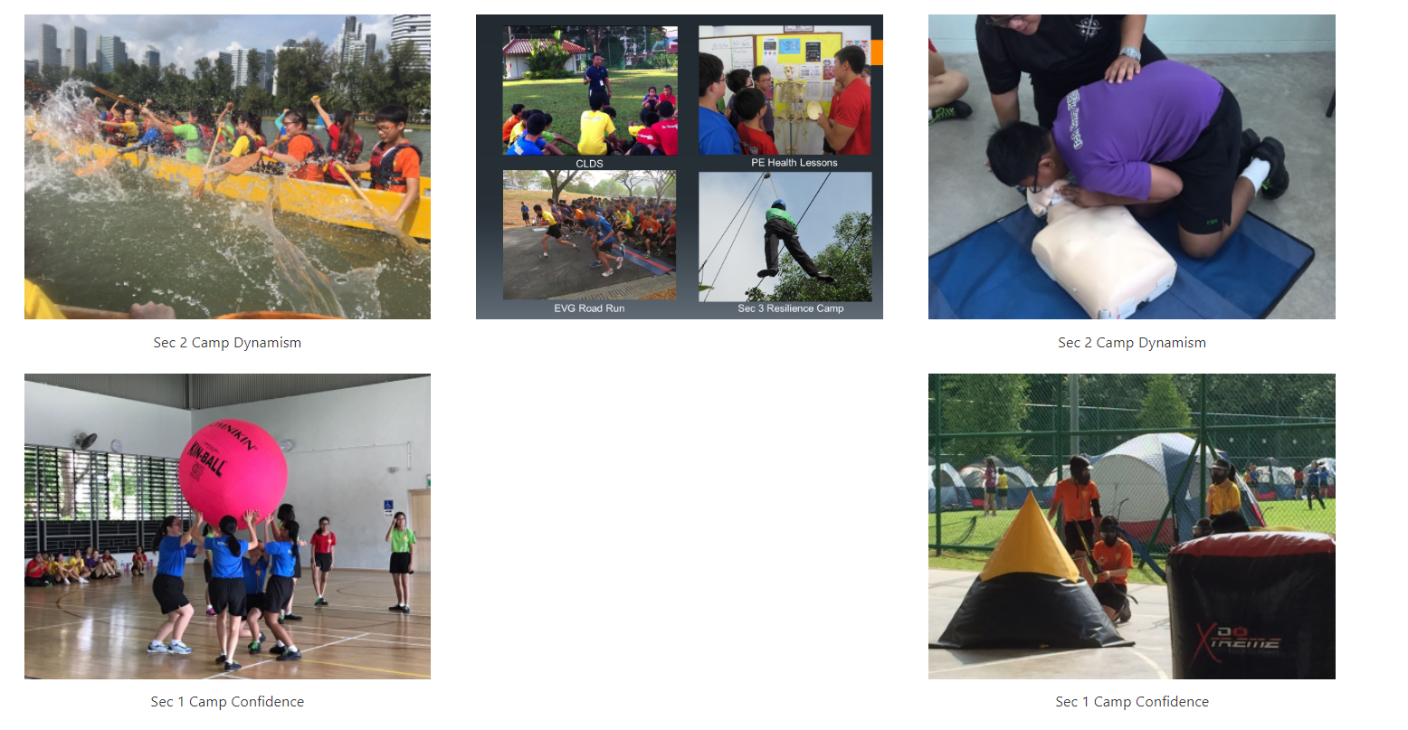 Six school activity photos showing dragon boating, CPR training, kin-ball, outdoor camps, road run, and resilience activities.