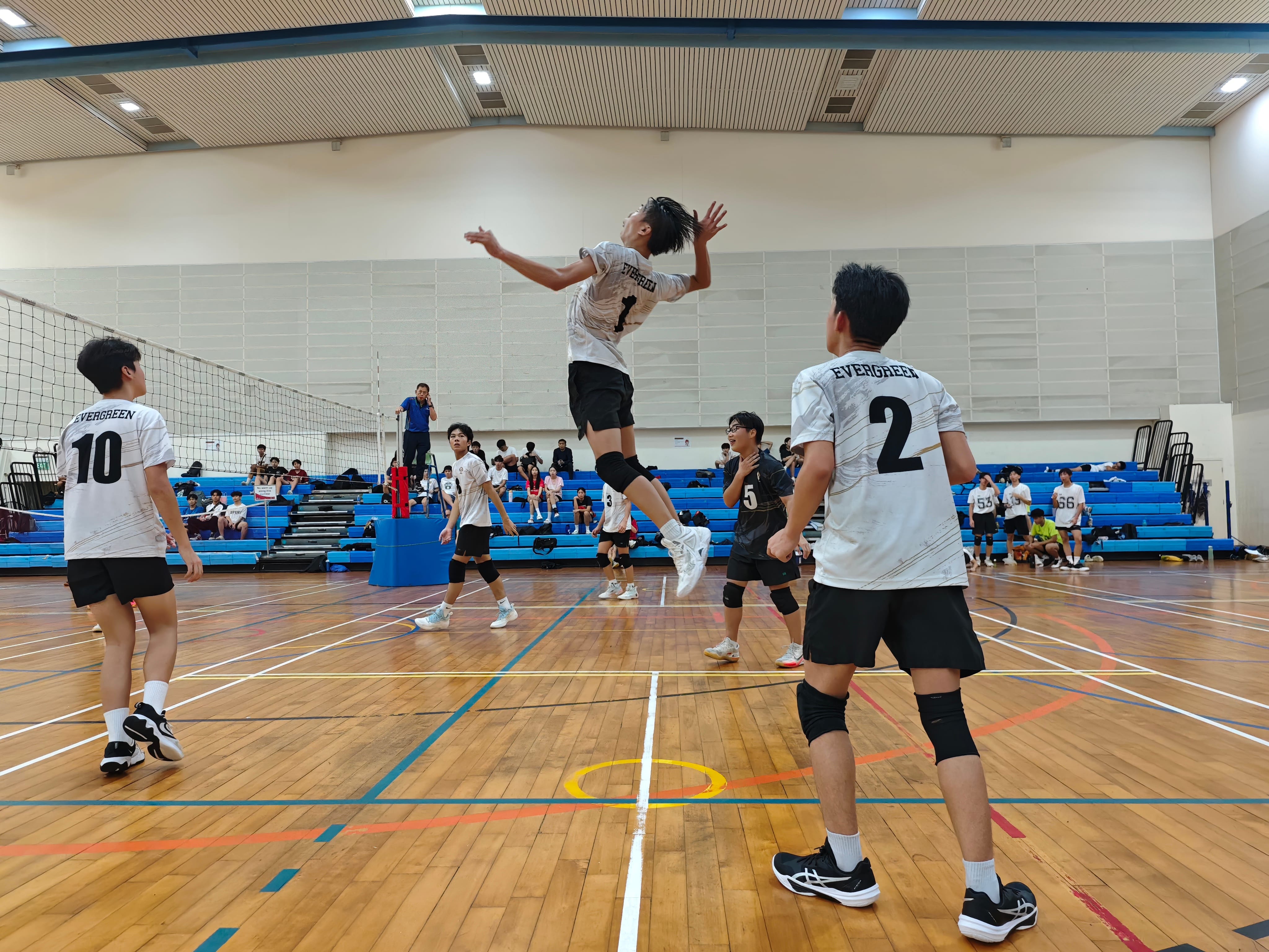 Indoor volleyball match with a player jumping to spike near the net as teammates in white jerseys watch.
