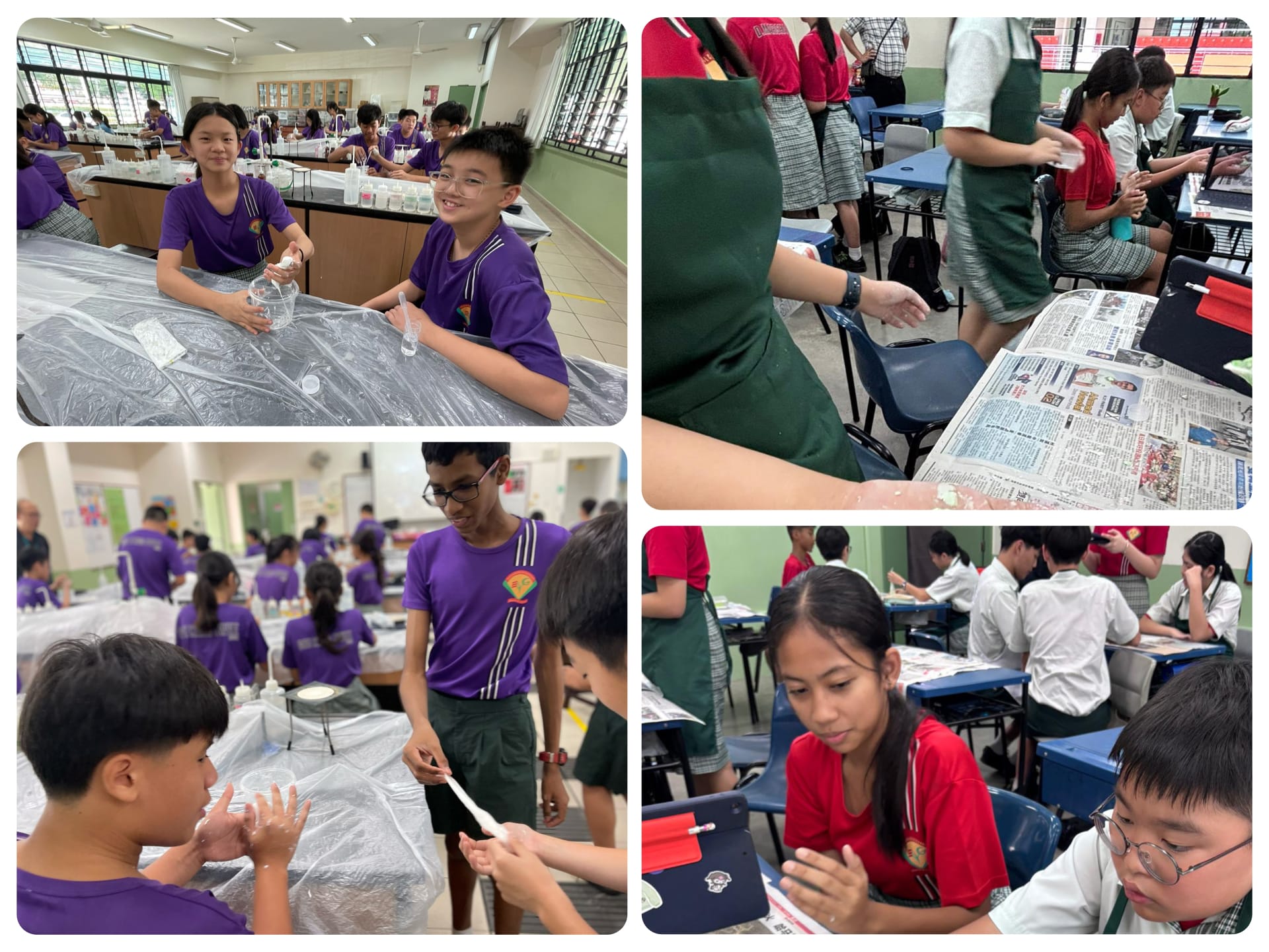 Students in purple uniforms conduct hands-on science activities at plastic-covered tables in a classroom.