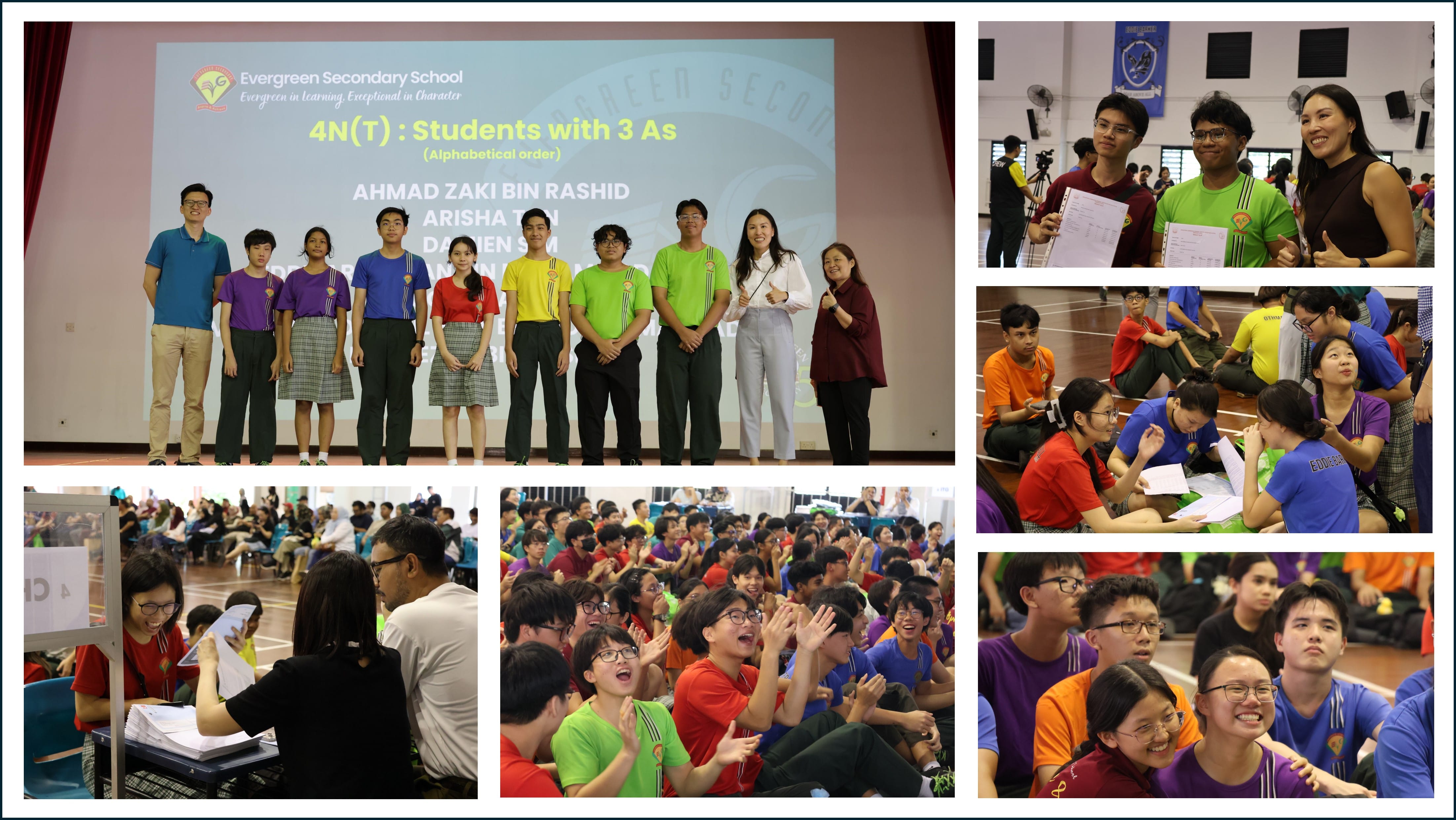 Students and teachers at Evergreen Secondary School celebrate top-scoring 4N(T) pupils on stage and in a hall.