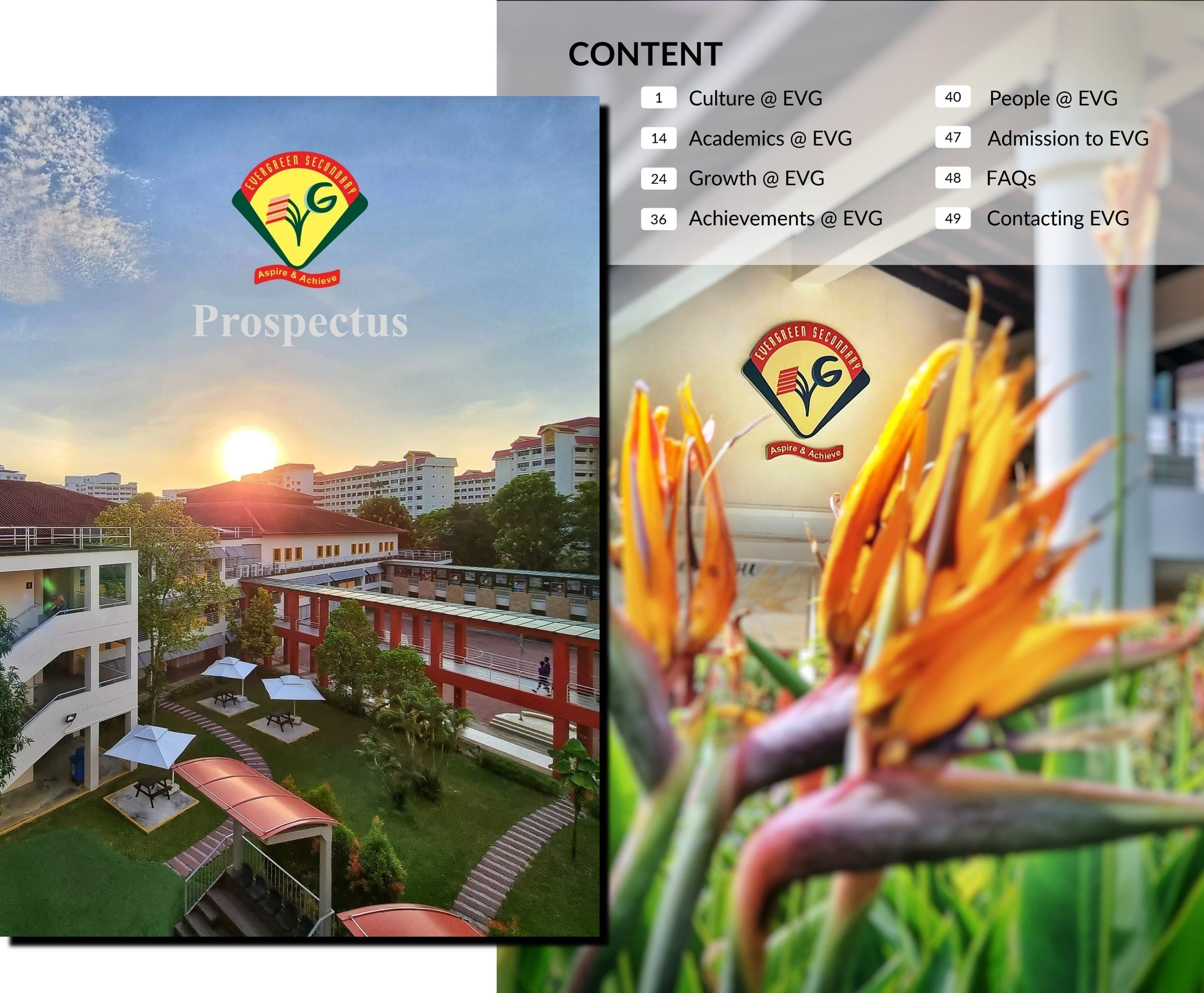 Evergreen Secondary School prospectus cover showing aerial school view at sunset and a table of contents page with orange flowers.