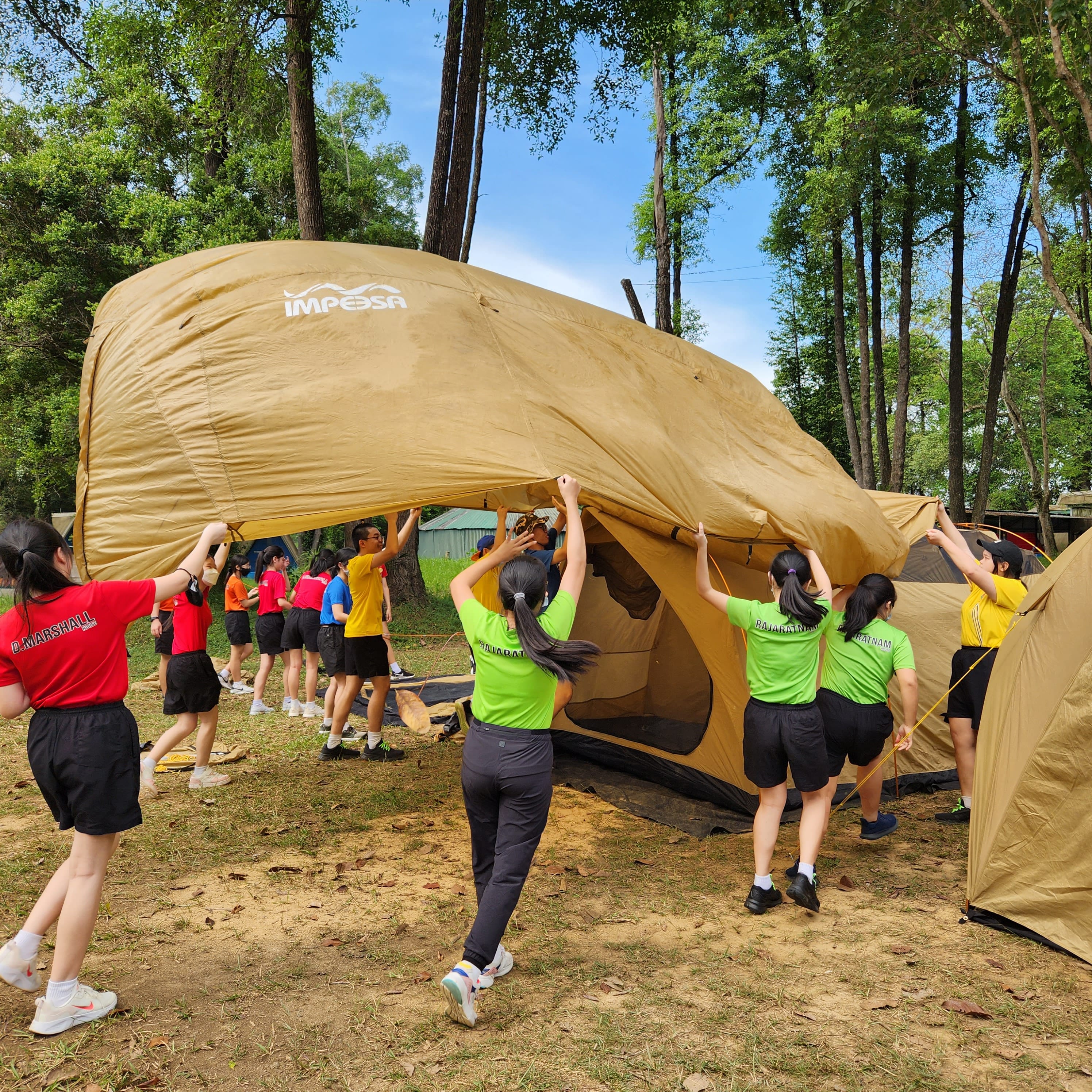 Group of youths in colorful shirts lift a large tan tent under tall trees on a sunny day.