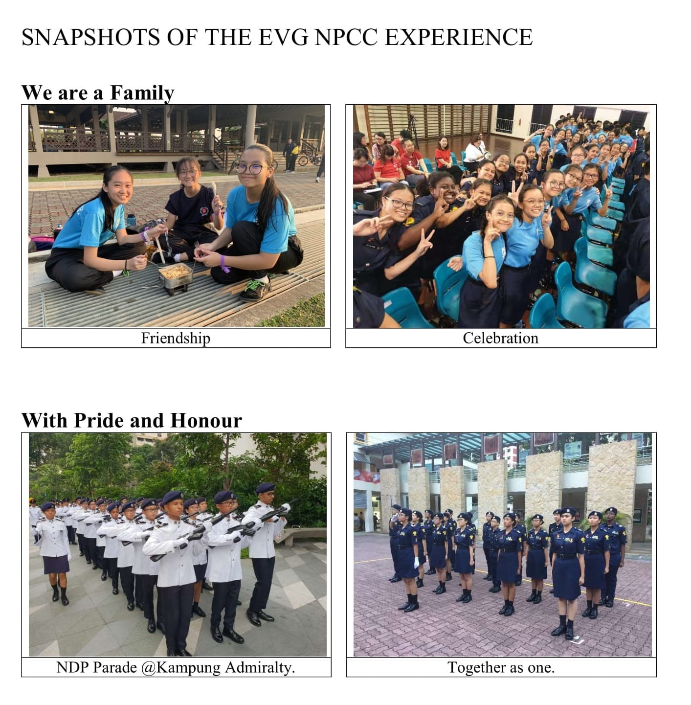 Four photos showing EVG NPCC students eating together, celebrating, marching in uniform at NDP parade, and standing in formation.