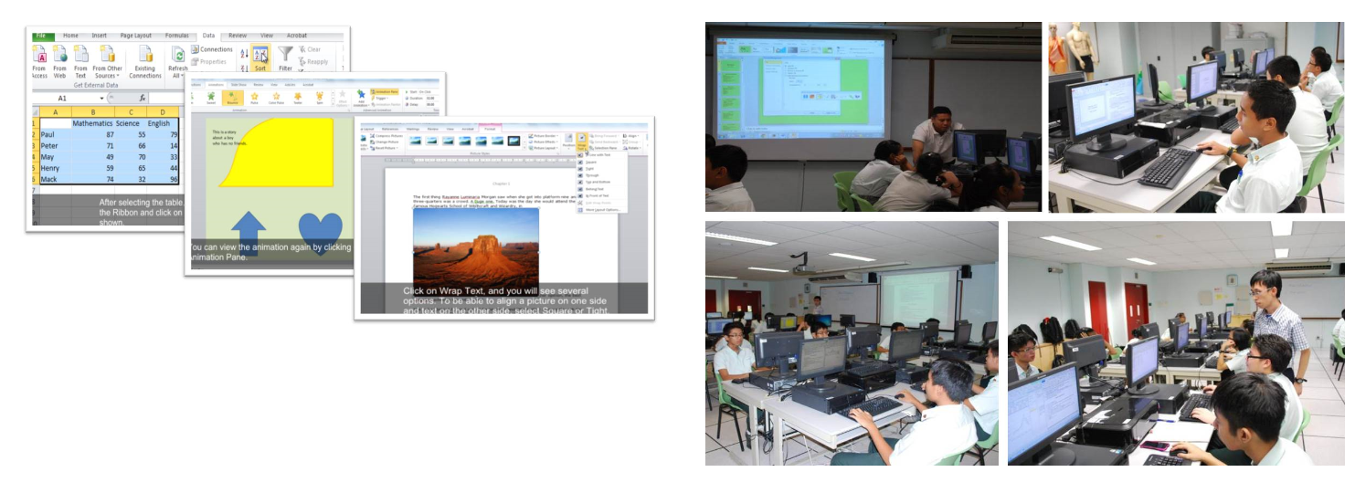 Students in a computer lab using desktop computers, alongside screenshots of Microsoft Excel and Word tutorials.