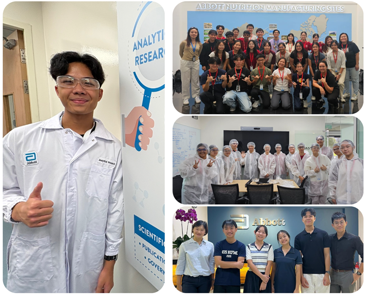 Four photos show Abbott employees and interns in lab coats, hairnets, and safety gear posing in groups at Abbott facilities.