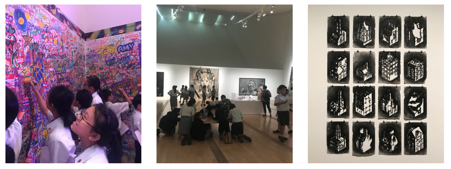 Three panels: students at a colorful graffiti wall, kids seated in a gallery, and 16 black-and-white building prints.
