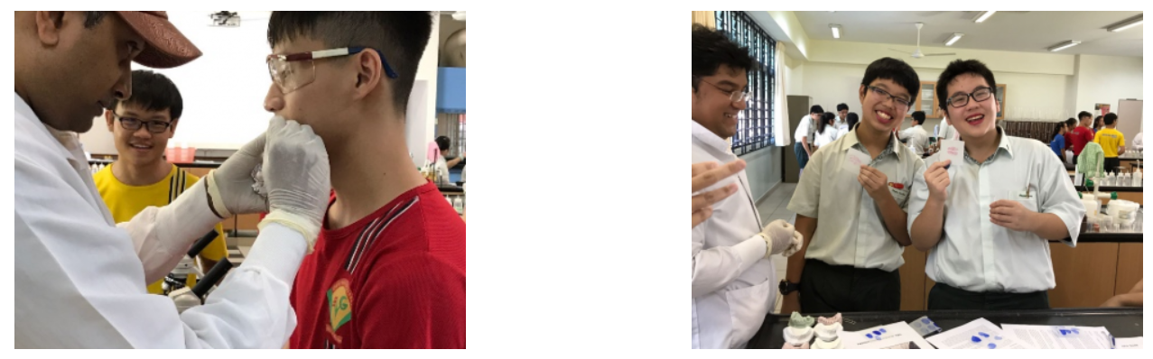 Two scenes showing a gloved person examining a student's ear and two smiling students holding small white items in a lab.