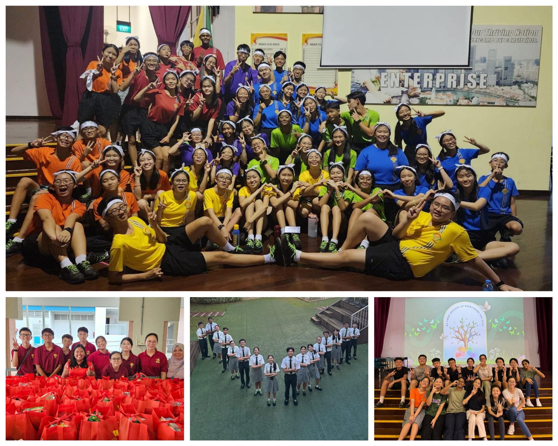 Students in colored team shirts pose together in a school hall, with smaller group photos below showing uniforms and red bags.