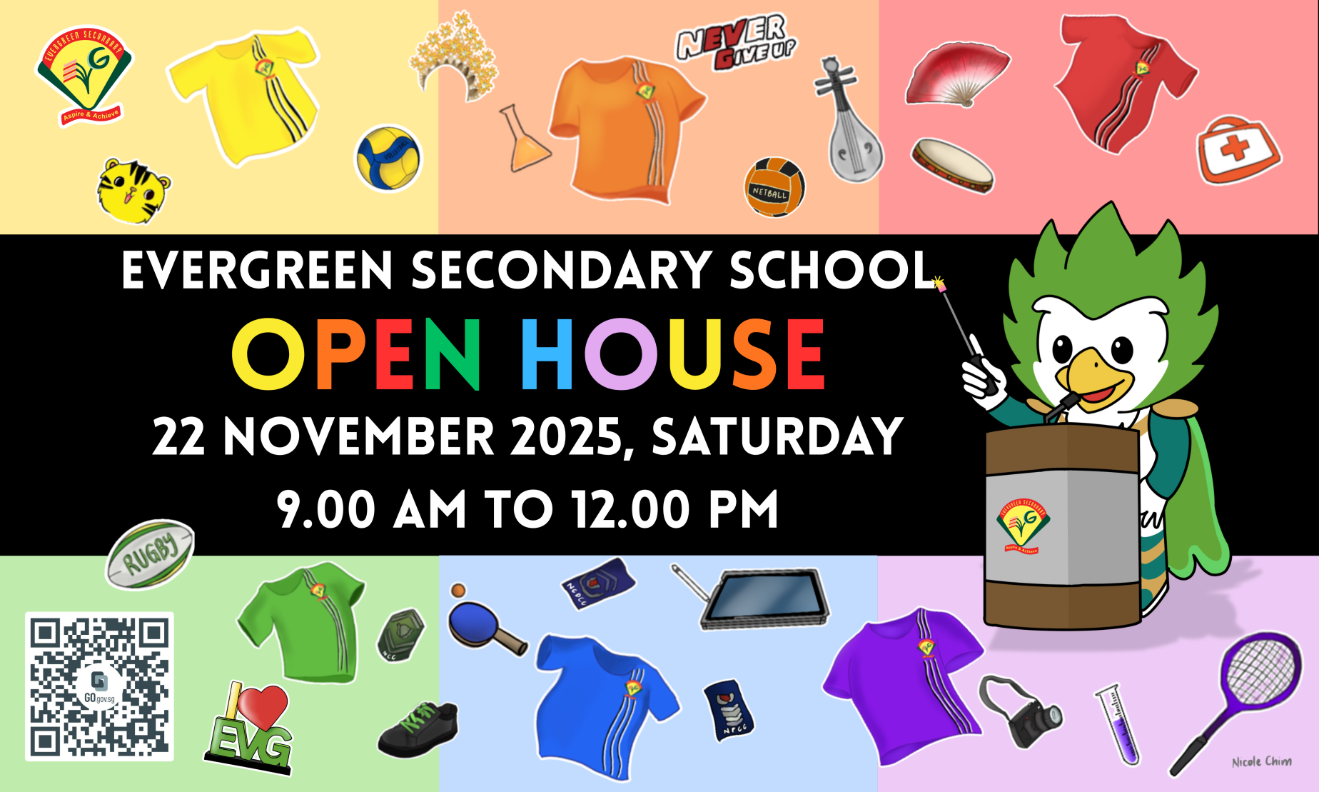 Evergreen Secondary School Open House poster for 22 November 2025, Saturday, 9am to 12pm, with colorful sports and CCA icons.