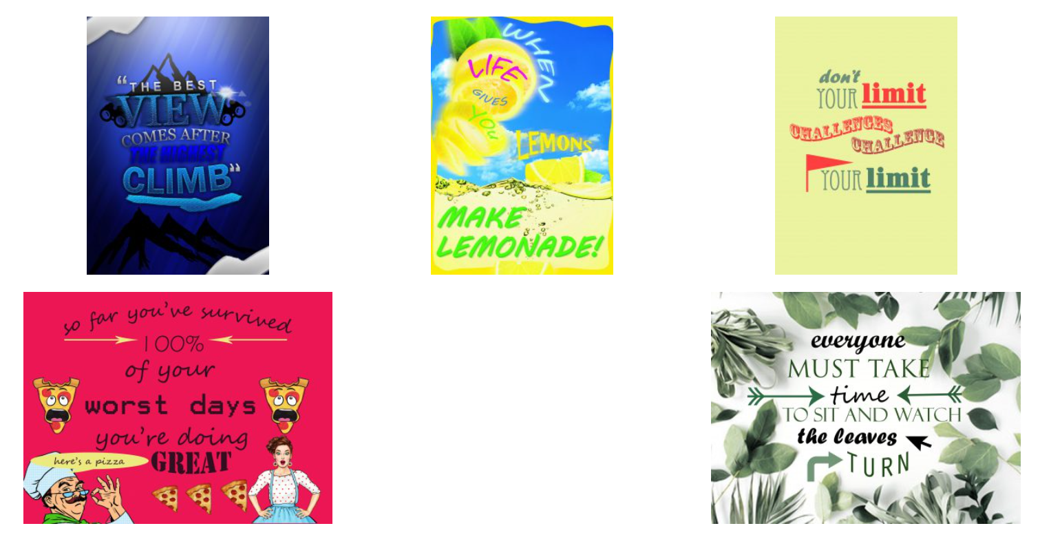 Five colorful motivational quote posters arranged in a grid, featuring text about climbing, lemons, limits, worst days, and leaves.