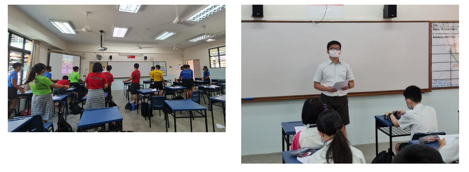 Two school classroom scenes: students standing at desks in one, and a masked student presenting in front of a whiteboard in the other.