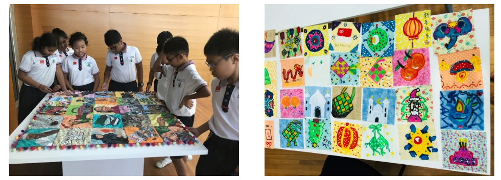 Students in uniforms gather around a colorful tile mosaic artwork, beside a display of bright children's paintings.