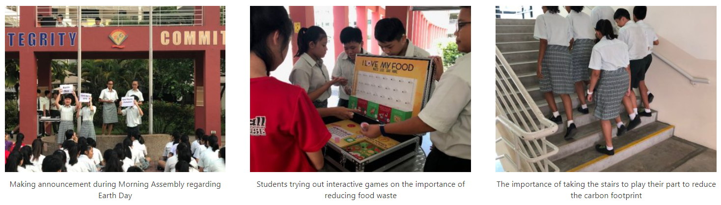 Three school scenes: assembly announcement, students playing a food waste game, and students walking up stairs.