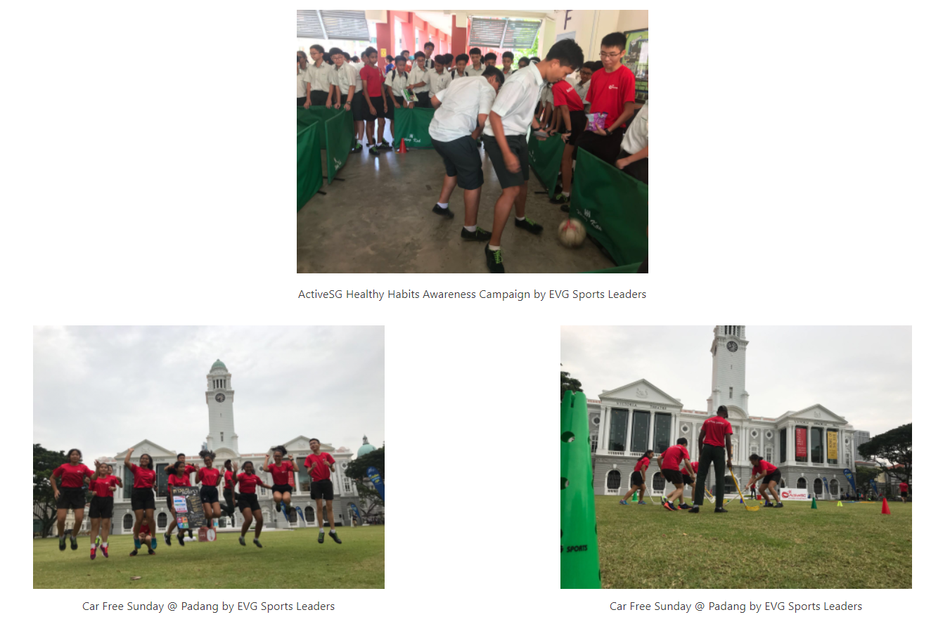 Three photos show EVG Sports Leaders at events: students playing ball indoors, jumping outdoors, and playing field hockey at Padang.