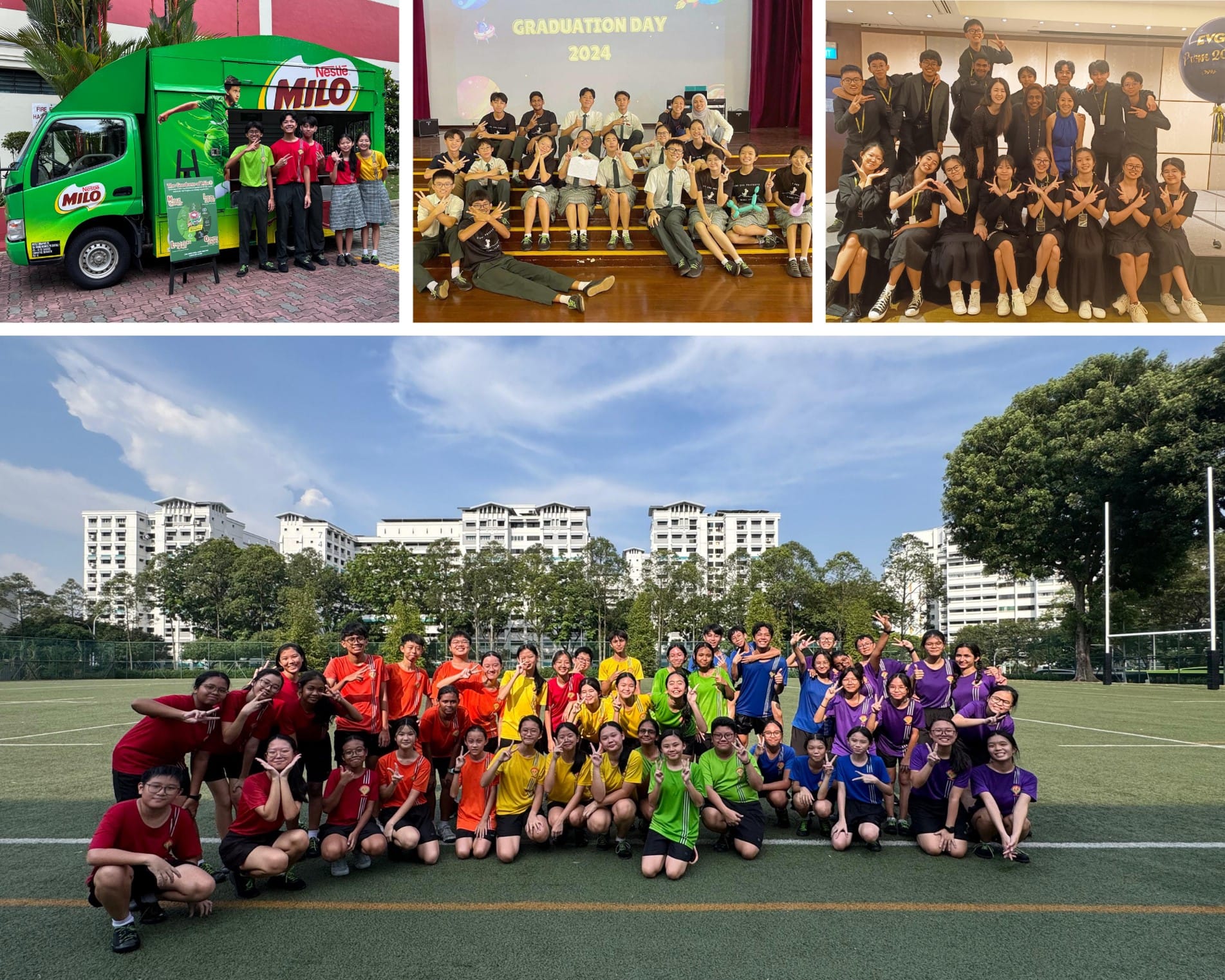Four school event photos: students by a Milo truck, Graduation Day 2024, a formal group, and teams in colorful jerseys on a field.