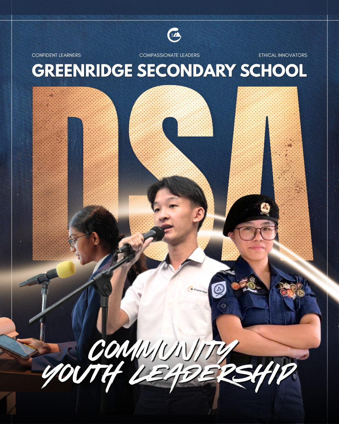This slide highlights Greenridge Secondary School’s focus on developing community youth leaders through opportunities in public speaking, service, and leadership. Featured students exemplify the school values of confident learning, compassionate leadership, and ethical innovation.