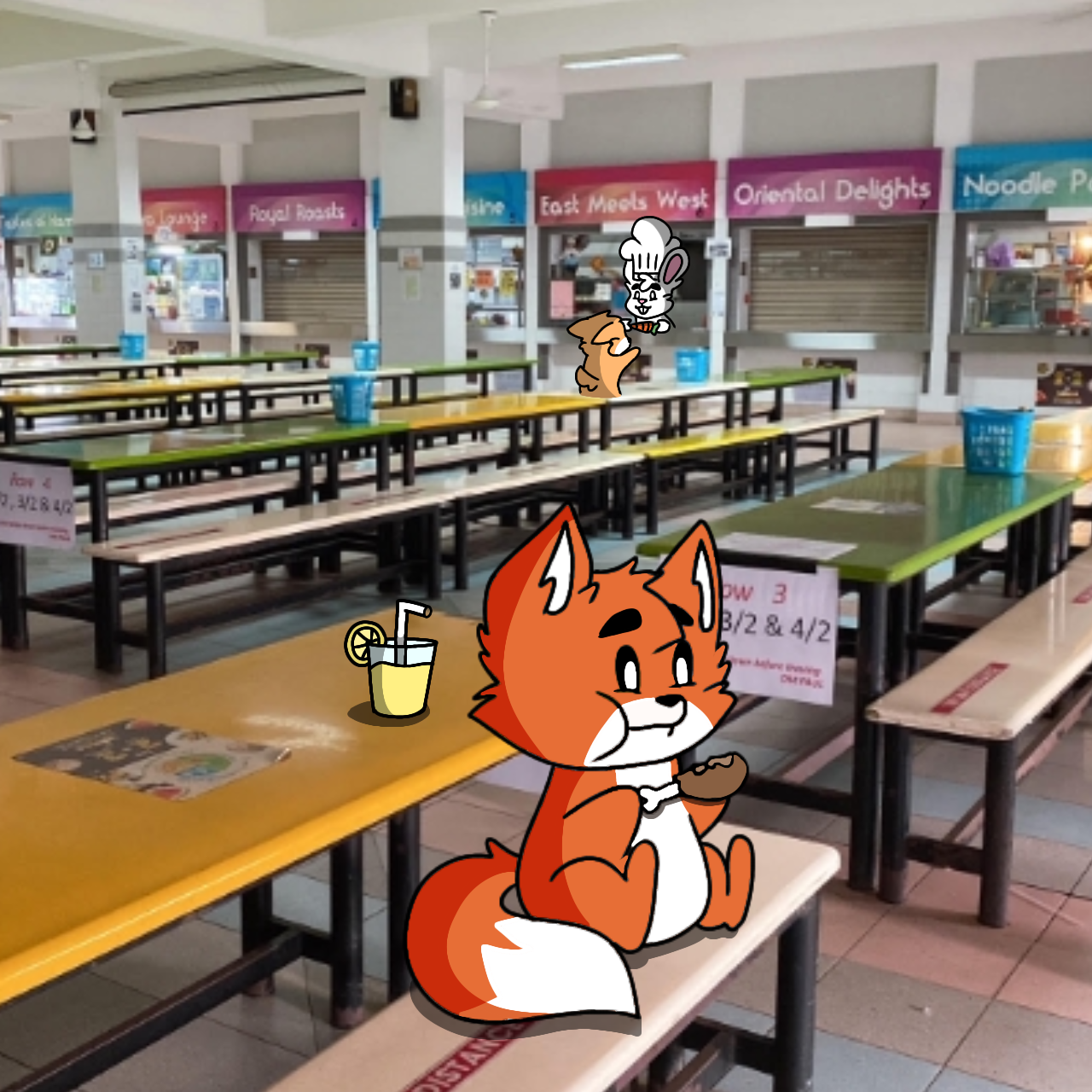 Cartoon fox sits on a bench in an empty school canteen with colorful food stall signs overhead.