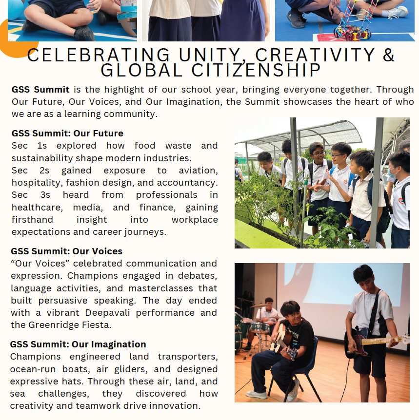 School newsletter about GSS Summit showing students at a garden and two students playing guitars on stage.