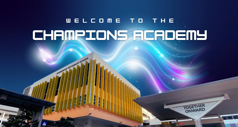 Banner reading "Welcome to the Champions Academy" over Greenridge Secondary School building with glowing light waves.