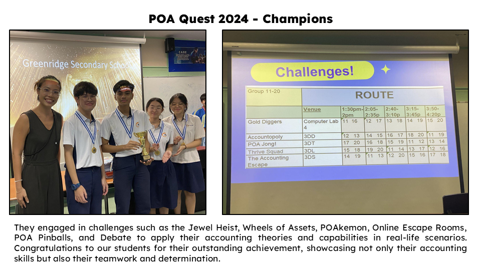 Greenridge Secondary School students emerged as Champions of POA Quest 2024, demonstrating strong accounting knowledge, problem-solving abilities, teamwork, and resilience through a series of real-world accounting challenges and competitions.